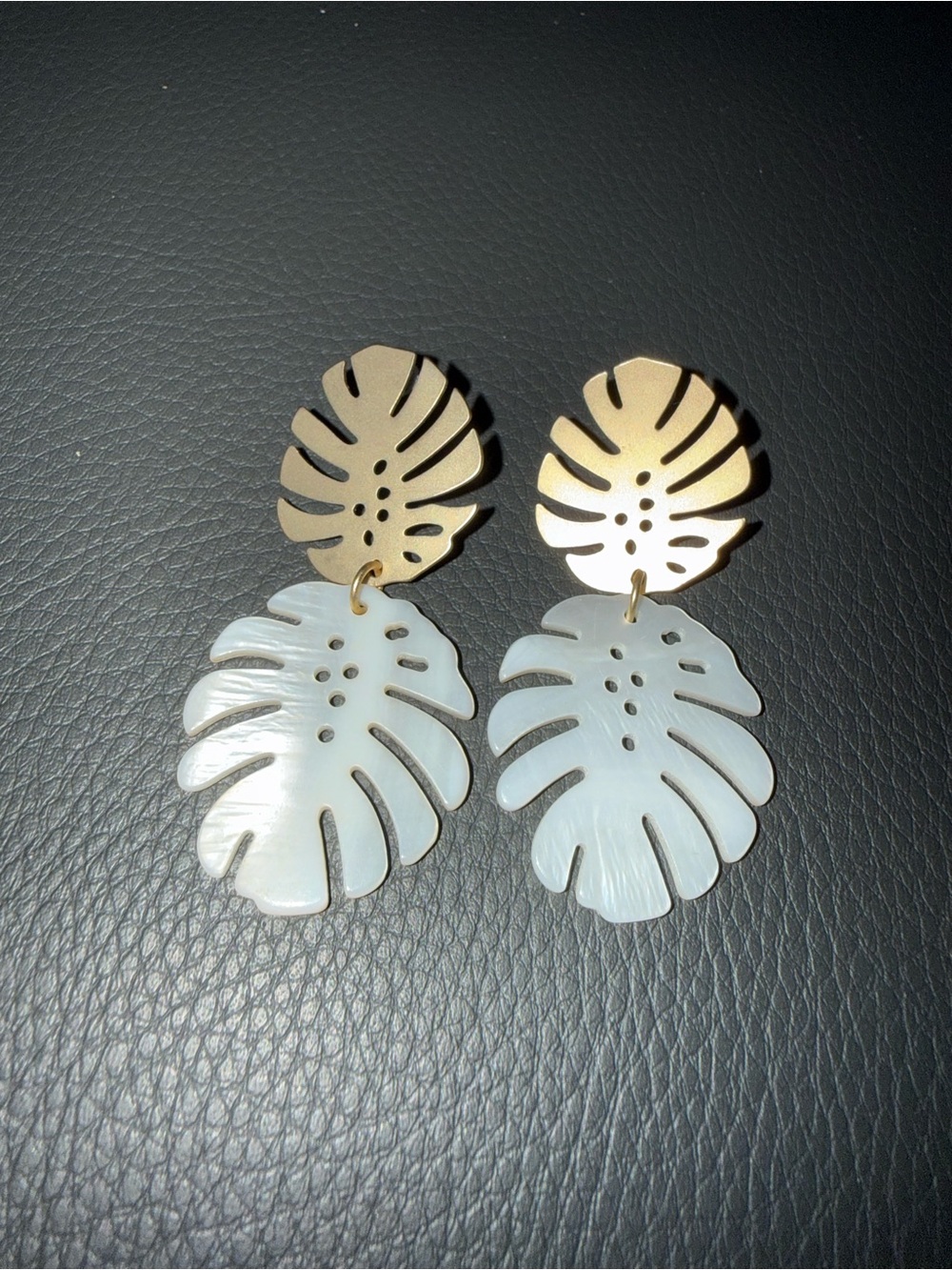 Gold and White Monstera Leaf Drop Earrings - Women Jewelry
